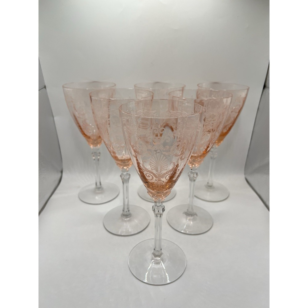 Vintage Fostoria Versailles Set Of 6 Pink (Rose) Etched Water Goblet 8 1/4"H